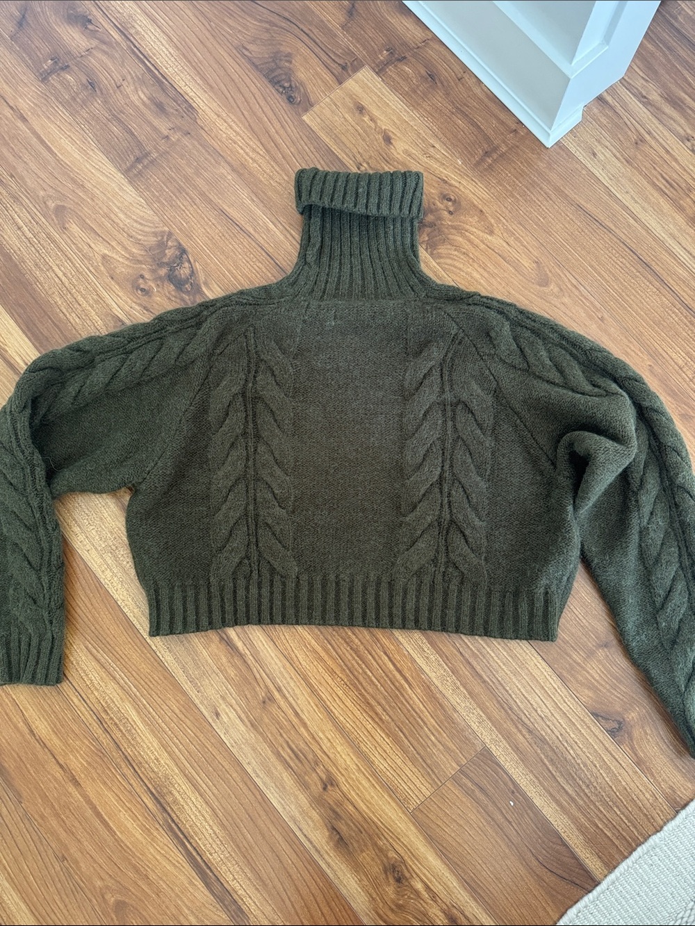 Brunette The Label Olive Green Cable Turtleneck Crop Sweater